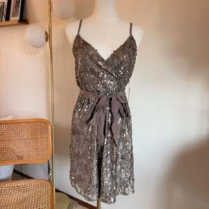 EXPRESS Metallic Bronze Taupe Sequin Sleeveless Dress Tie Waist M